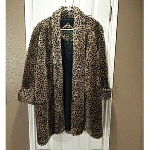 Preston & York Sport Leopard Print Faux Fur Coat Swing Shawl Shoulder Pads Med